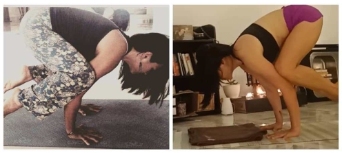 Left : 2013, first attempt at crow pose. Right : 2020, my crow pose today.